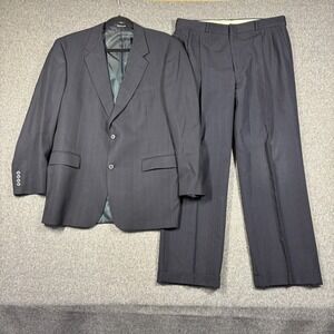 Austin Reed Mens 42R Suit Navy Blue Pinstripe Wool 2 Button Pleated Cuffed 36X30